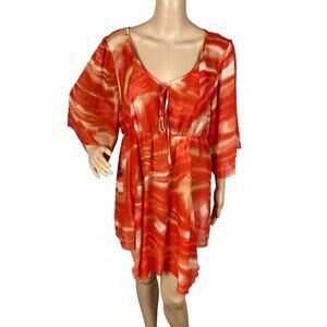 Mushka Sienna Rose Abstract Asymmetric Tunic Dress L | Flutter Sleeve Boho Swirl